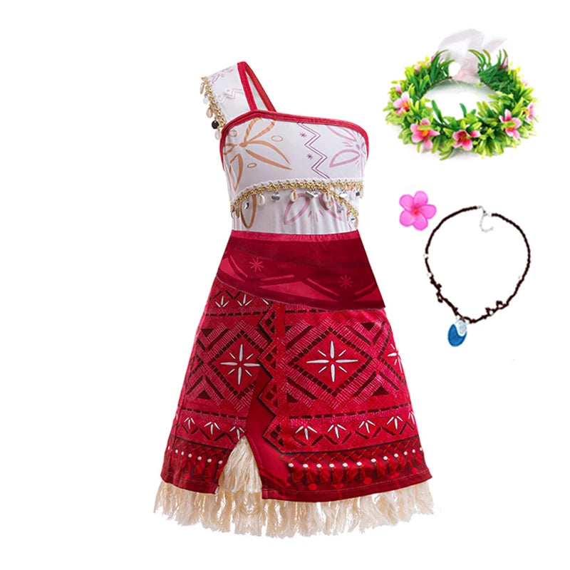New Movie Moana 2 Dress Girls Cosplay Vaiana Princess Costume Girls One-Shoulder Suspender Dress Accessories Set