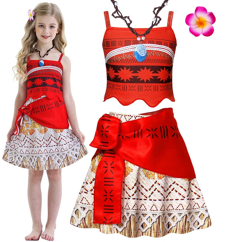 Moana New Dress Girls Princess Clothes Kids Dress Up Vaiana Necklace Pig Chick Children Carnival Party Summer Costume Set 2-10T