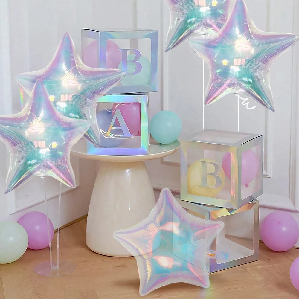 19Inch Foil Star Heart Round Balloons Transparent Iridescent Balloons for Mermaid Theme Birthday Disco Party Wedding Decorations