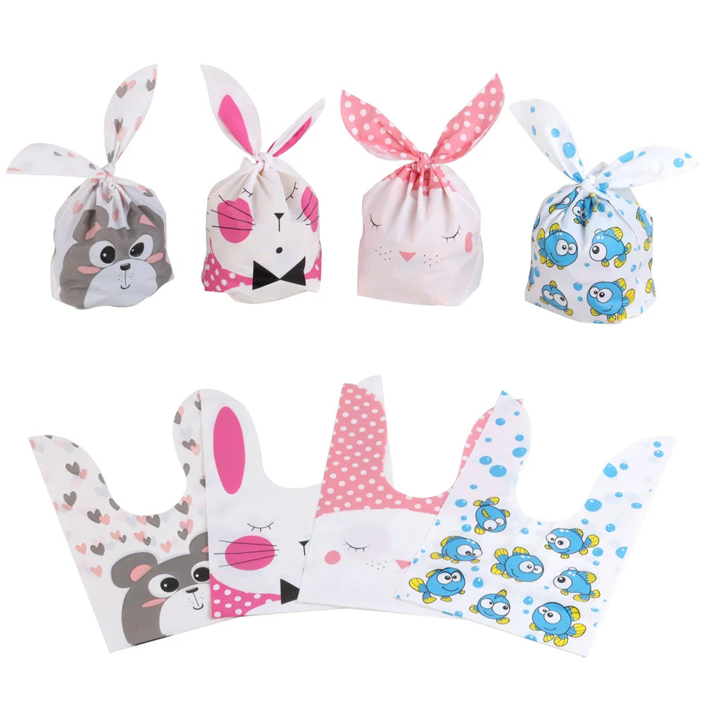 10/25/50pcs Plastic Candy Bags Cookie  Cute Carton Rabbit Ear Bags Biscuits Snack Baking Packing Supplies Kids Gifts Wholesale