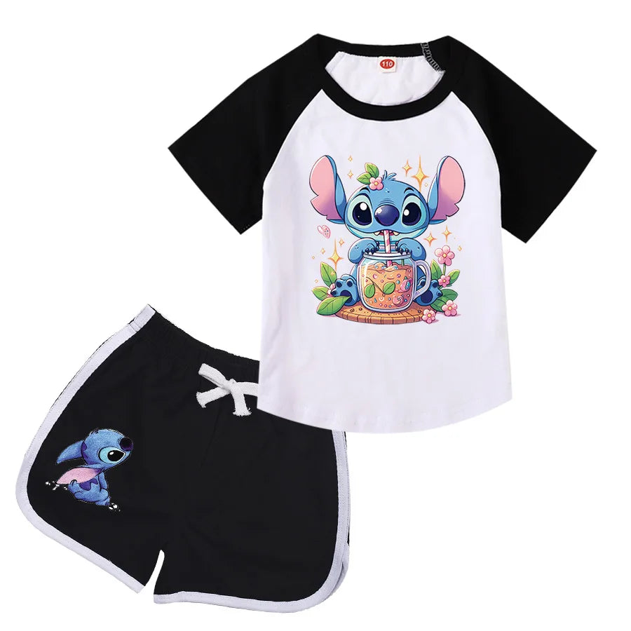 Lilo And Stitch Kids Costume Girls Casual Outfits Boys Short Sleeves T-shirt Shorts 2 Pcs Sets Girls Casual Sportswear
