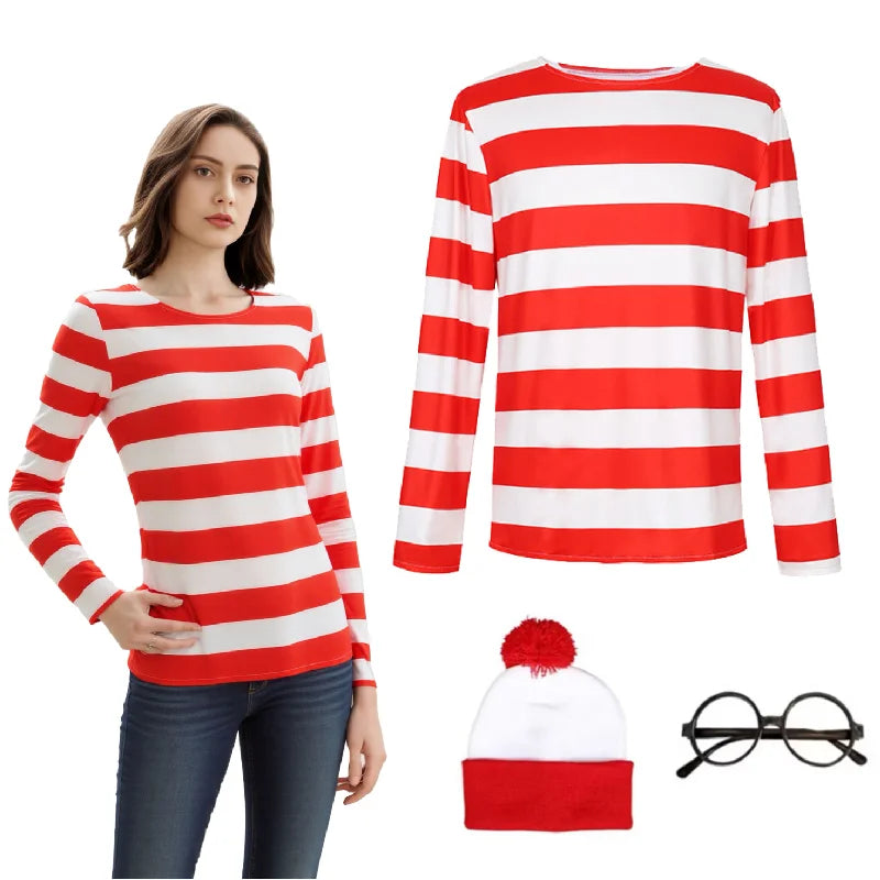 Classic Wheres Waldo Red White Striped Shirt for Men Wally Round Glasses and Hat Costume Set Unisex Halloween Cosplay Outfit
