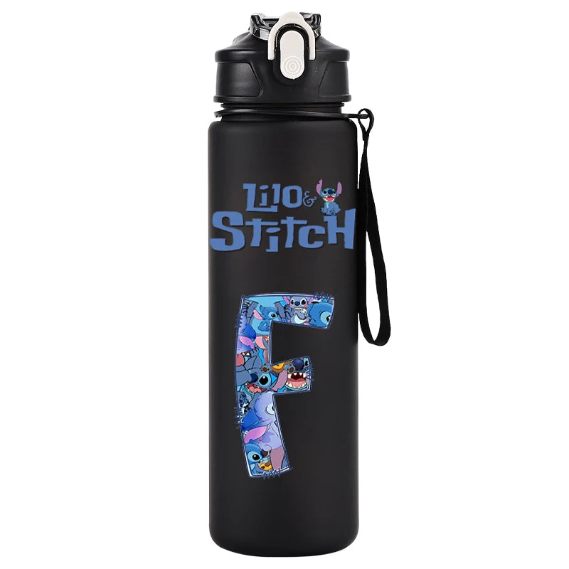 750ml Water Bottle Letter A-Z Printed Lilo Stitch Black Large Capacity Drinking Cup Portable Outdoor Sport Water Cup Kid Gifts