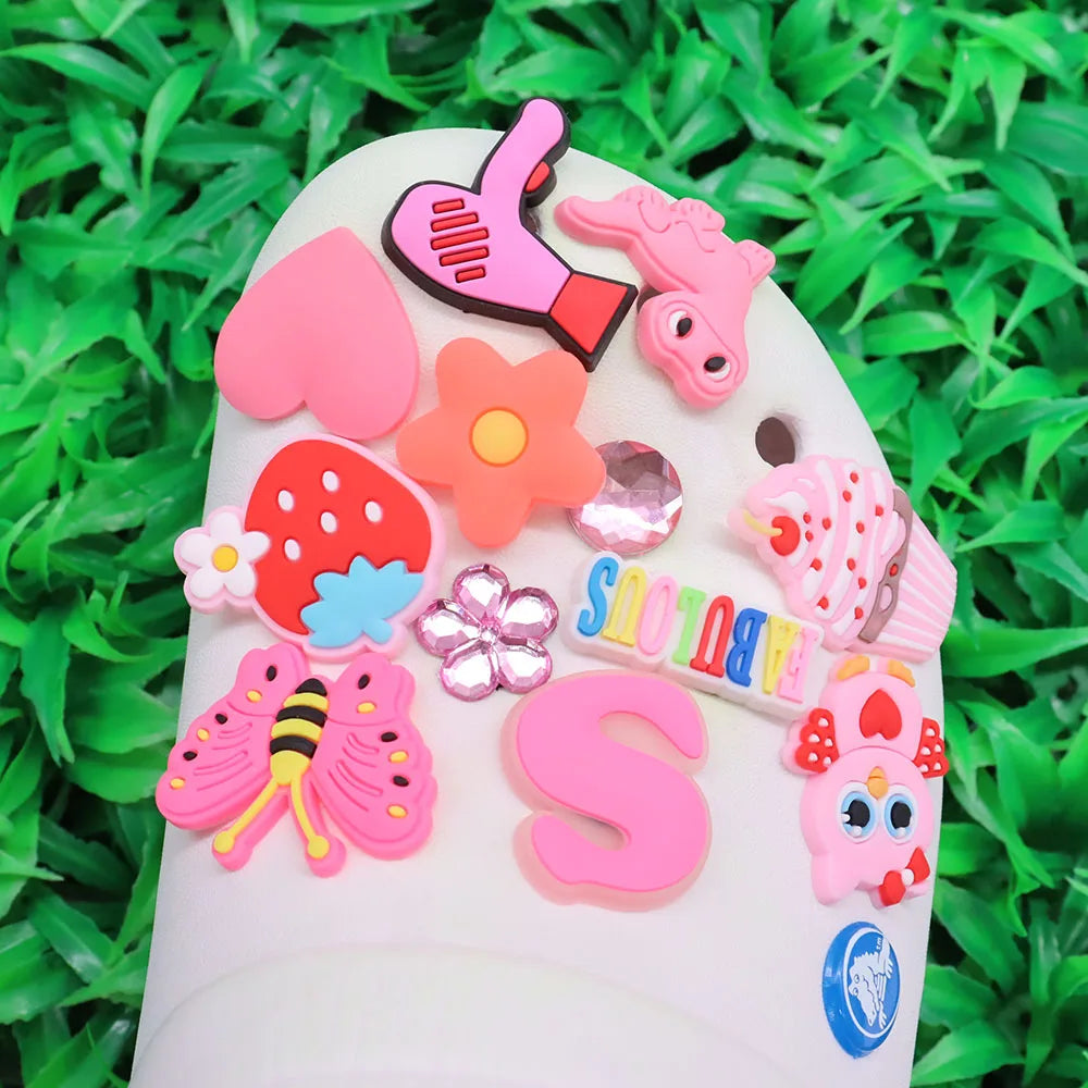 1Pcs PVC Hair Dryer Strawberry Cupcake Kids Shoe Charms Umbrella Crown Pink Series Buckle Clog Accessories Fit X-mas Gift