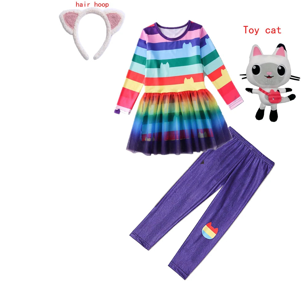 Gabby Cats Baby Girls Summer Gabby's Dollhouse Dress Rainbow stripe Kids Cosplay Princess Toddler Birthday Party Dresses+wig