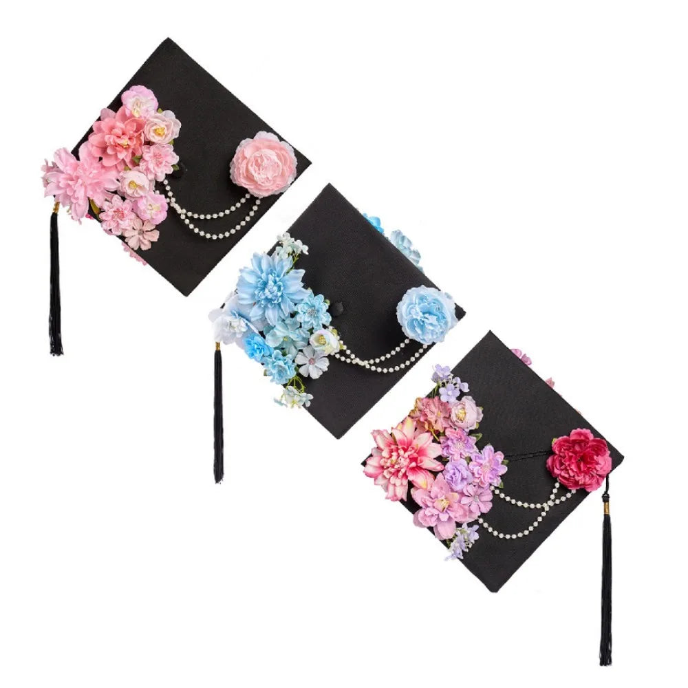 Trencher Cap DIY Flowers Graduation Cap Mortar Board Adjustable Kids Academic Hat with Tassels Bachelor Charm Ornament