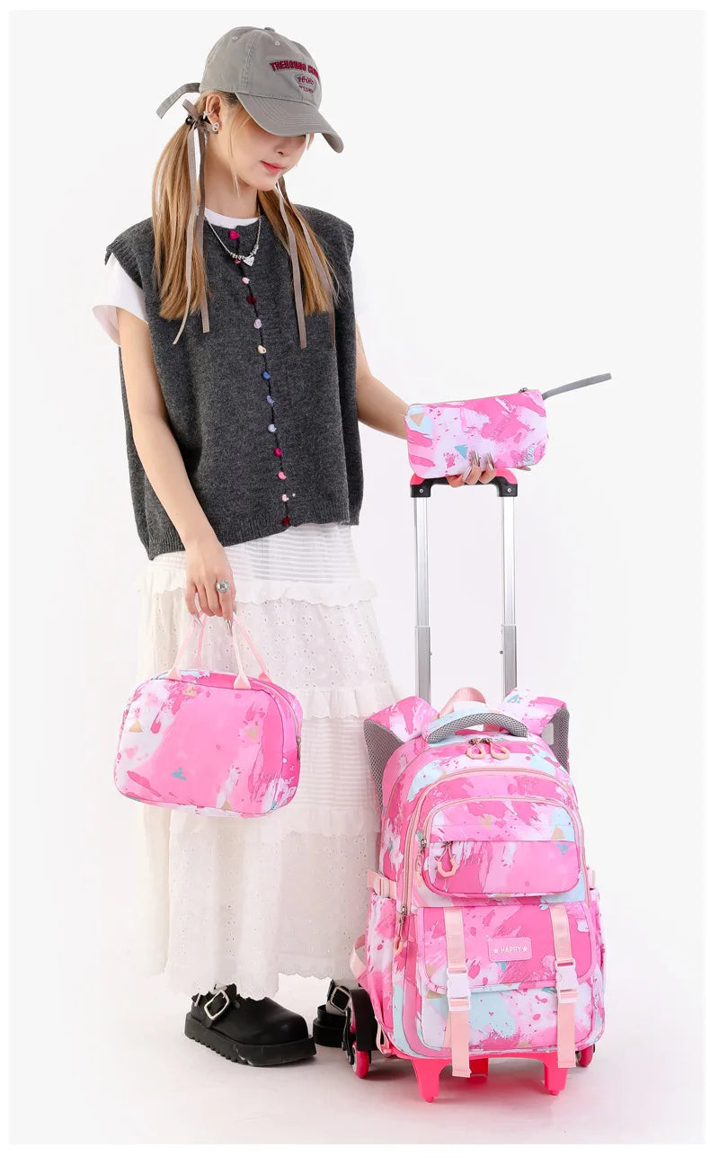 Kids School Backpack with Wheels Rolling Backpack for Girls Student Wheeled Backpack Trolley School Bag Travel Trolley Luggage