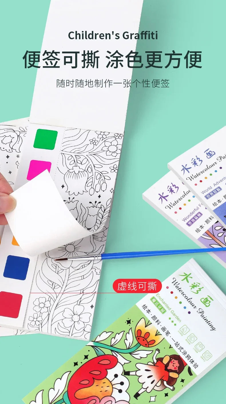 Portable Watercolor Painting Book 12 Sheets Coloring Book With Paint Brush Gouache Book Kids Graffiti Picture Drawing Stationery