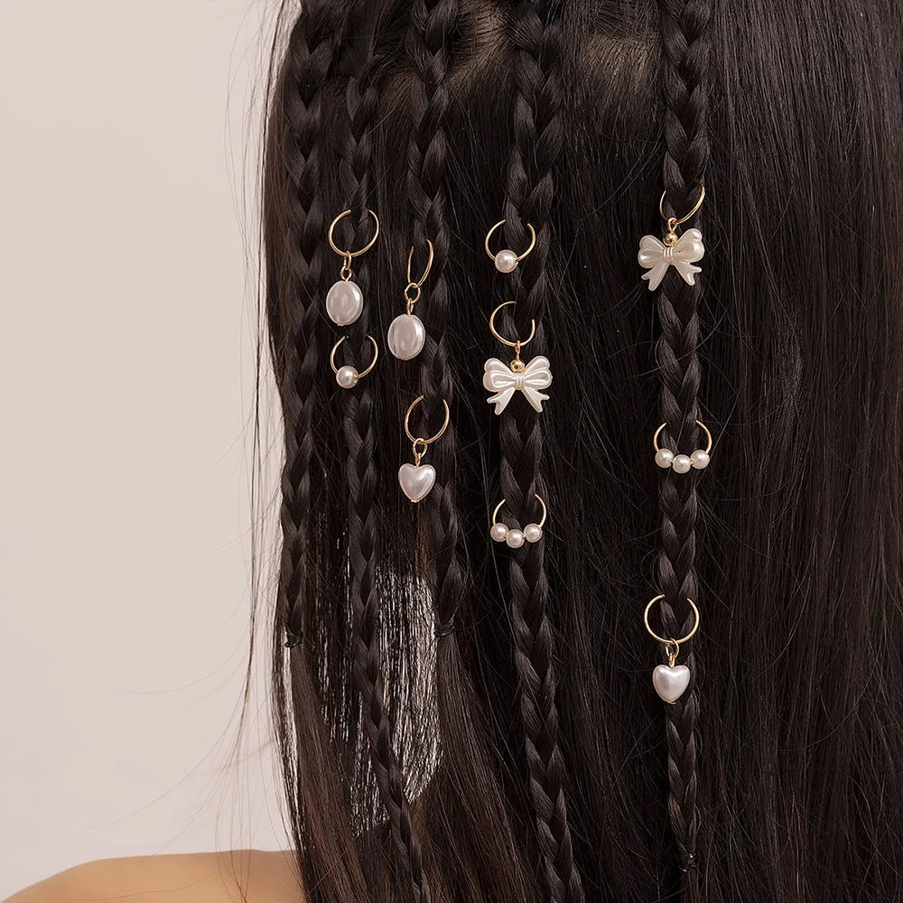 10pcs Hair Charms Metal Pearl Love Bow Hair for Braids Dreadlock Braid Clips Beads Hair Cuffs Clips for Women Girls
