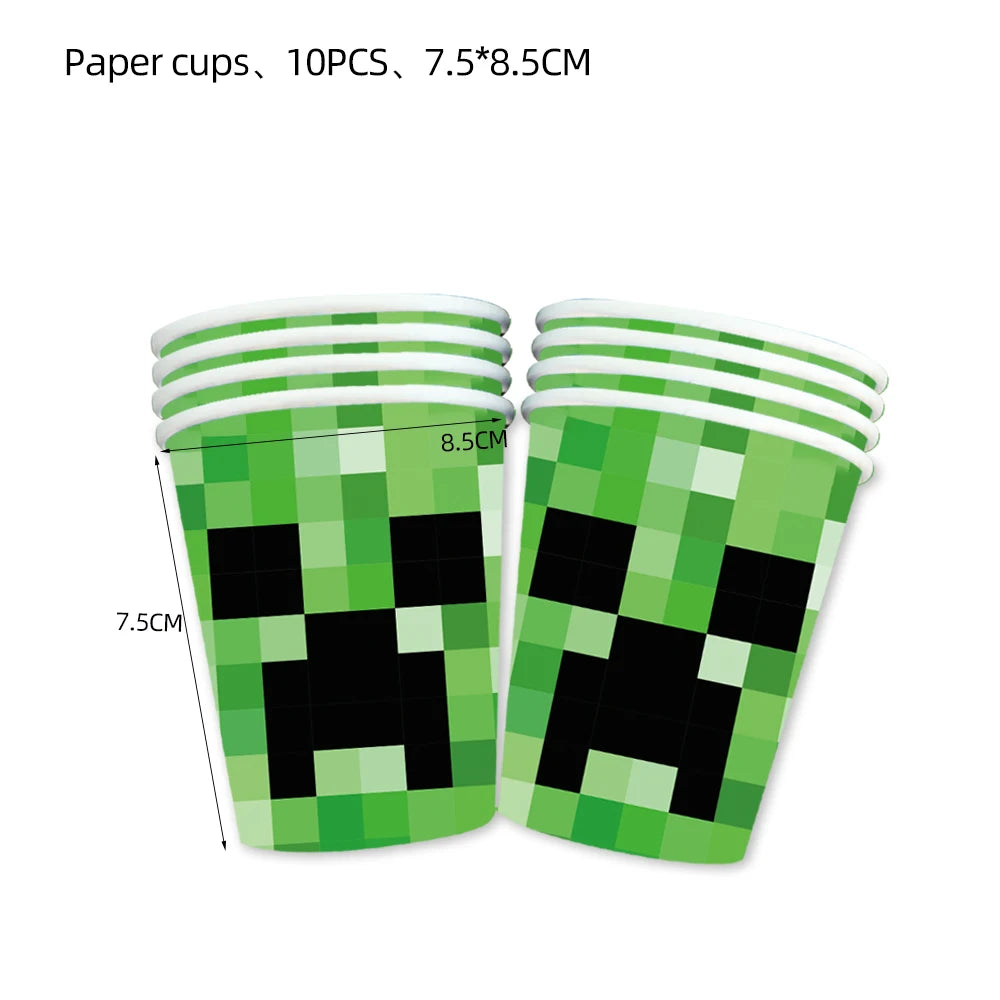 Miner Crafting Pixel Video Game Party Decor Disposable Tableware Backdrop For Kids Party Supplies Cup Plate Banner Toy Gifts