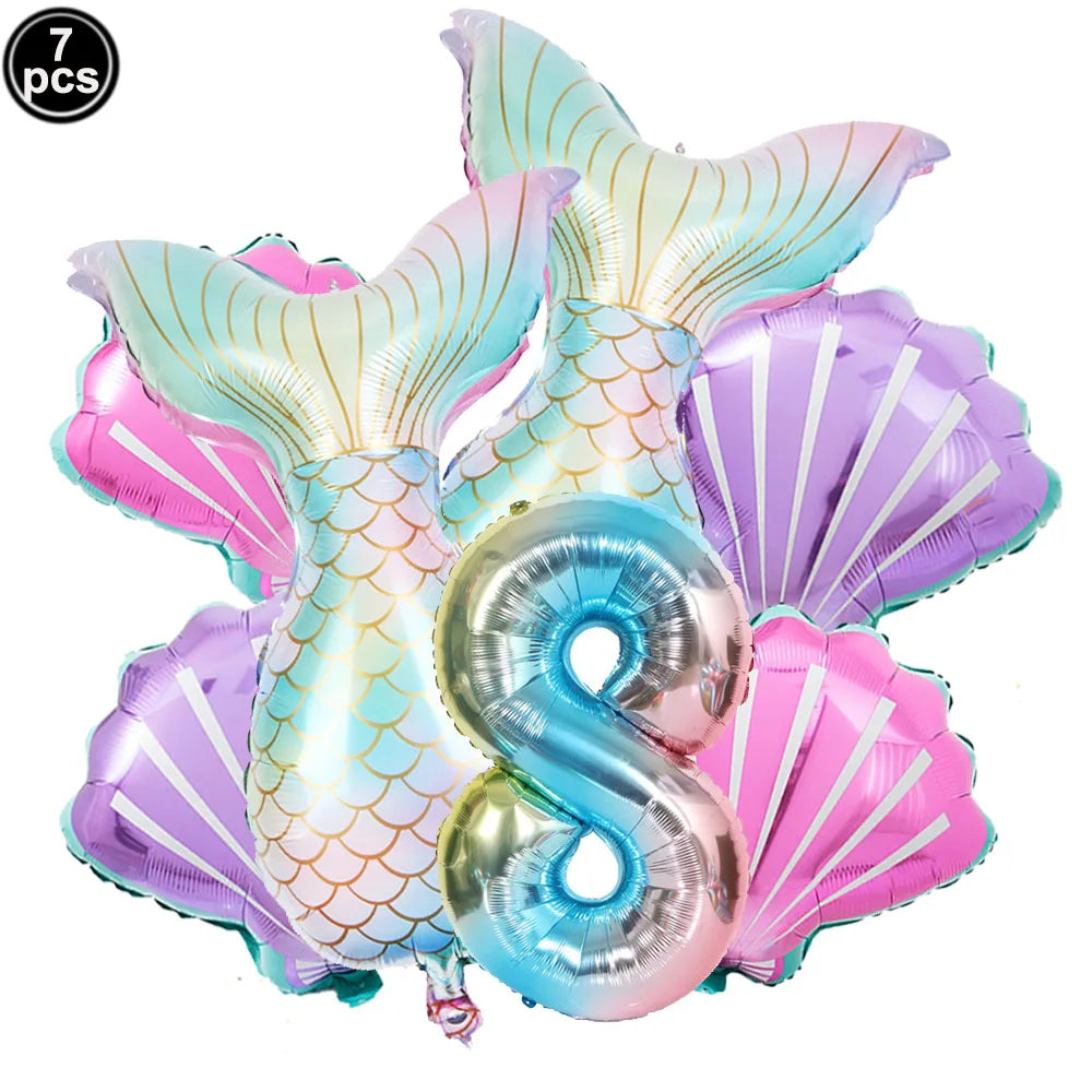Mermaid Birthday Decorations 7 Pcs Mermaid Foil Balloon Mermaid Tail Balloon Mermaid Decor for 1st-9th Birthday Party Baby Showe