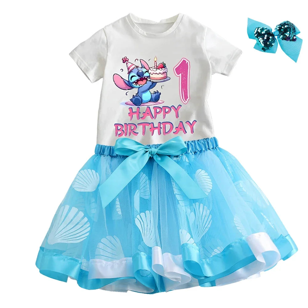 Lilo&Stitch Baby Girls Dress Sets Clothes Kids Cute Number Printed T-shirt+Skirt 2pcs Children Princess Birthday Party Costumes