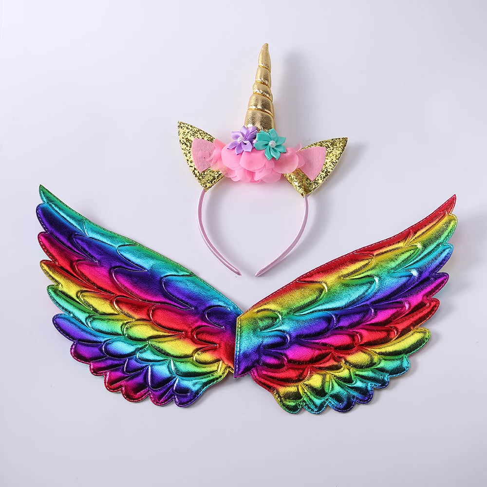 Cute Unicorn Theme Wings Rainbow Little Girls Angel Wings Baby Shower Kids Birthday Party Decoration Prom Performance Cosplay