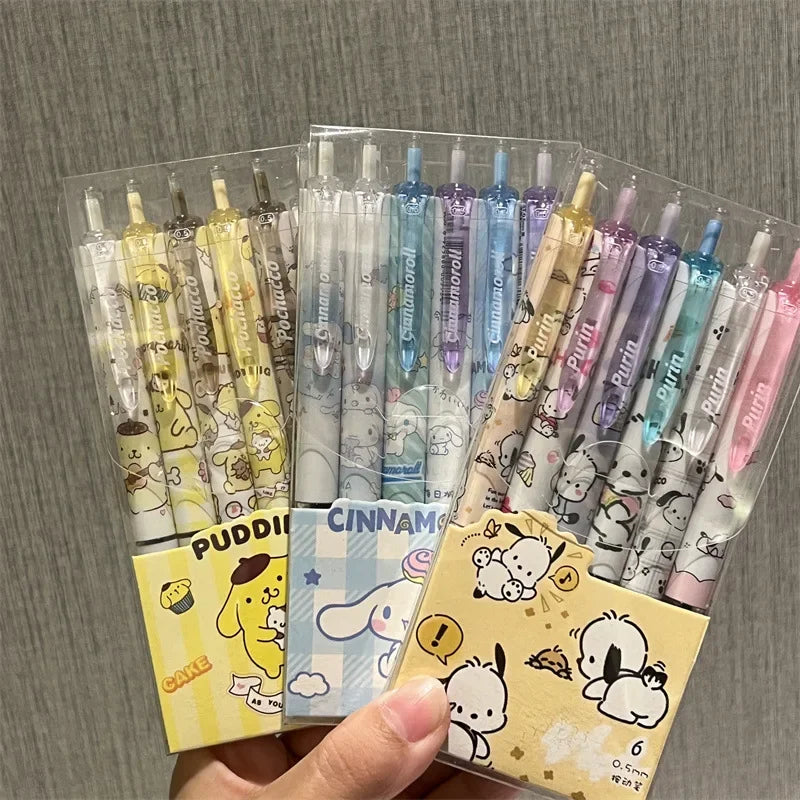 Sanrio 6pcs Series Gel Pen 0.55mm Refill Hello Kitty Y2k Cinnamoroll Kuromi MelodyCartoon Press Pen Black Stationery Supplies