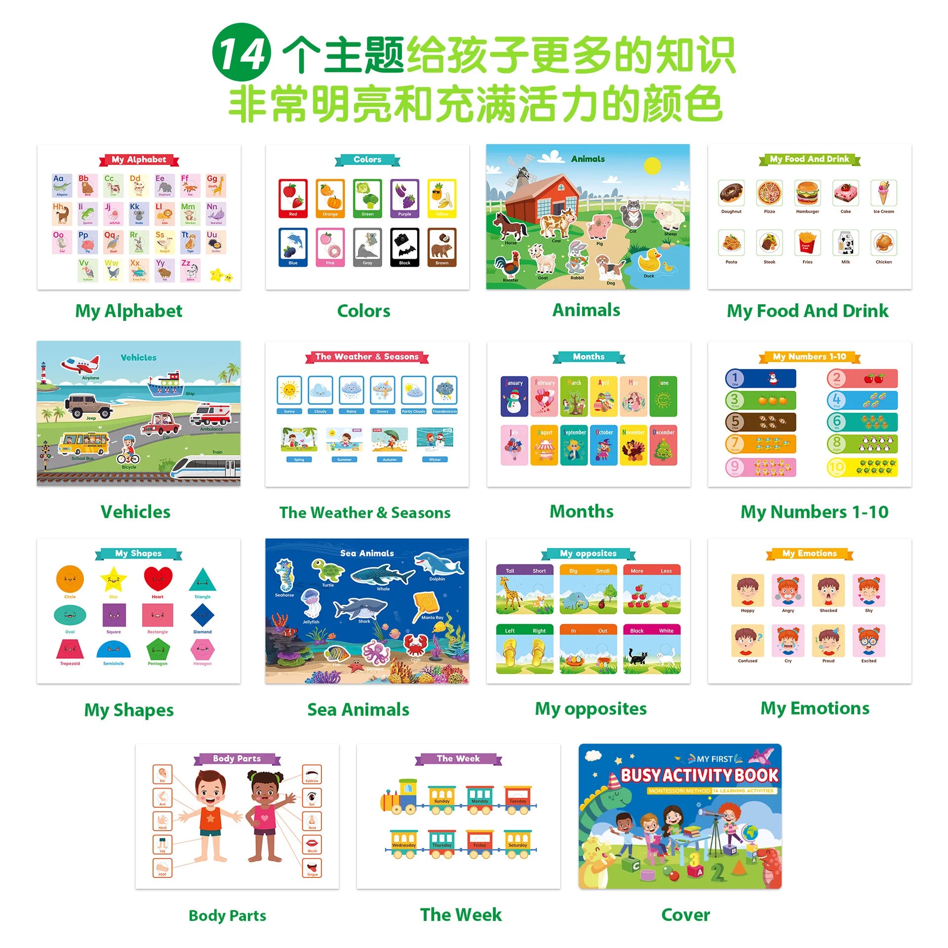 Kids Busy Book Activity Set - Montessori Learning, 14 Themes, Reusable Stickers & Drawing, Gift Box - Early Education Toy
