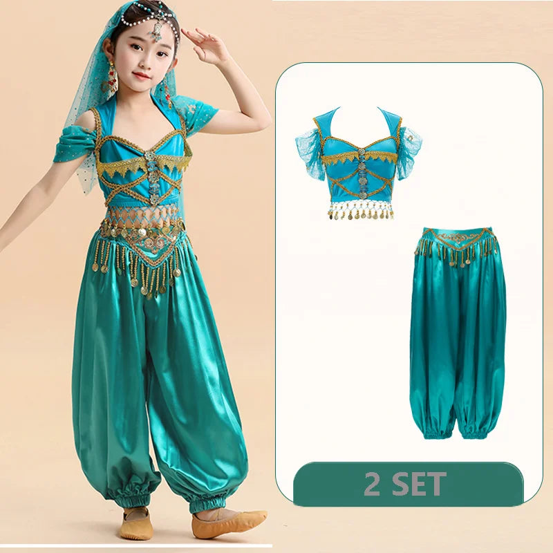  Kids India Princess Belly Dance Set Oriental Indian Dance Sari Girl Performance Costume Bollywood Children Stage Outfit