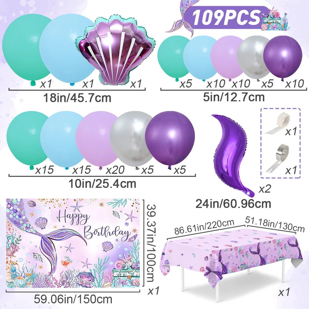 Little Mermaid Party Decorations Balloons Garland Arch Mermaid Tail Backdrop Set 1st Birthday Decoration Girl Party Supplies