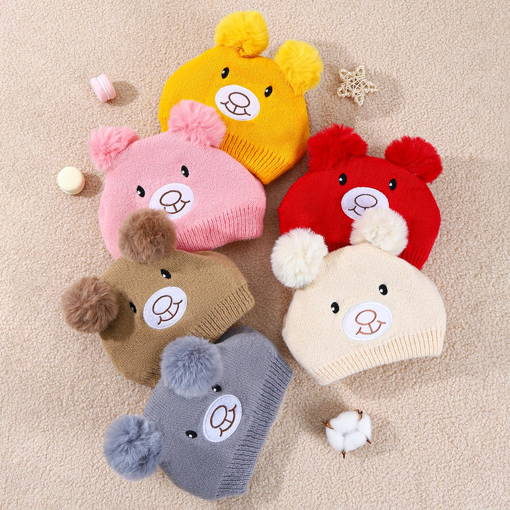 Cute Bear Beanie Cap for Baby Boy Girl Cartoon Pompom Warm Knitted Hat Neck Cover Autumn Winter Toddler Ear Protection Caps