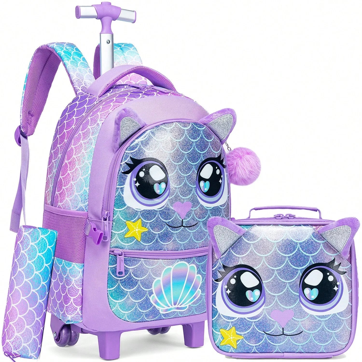 3PCS Cute Rolling Backpack for Girls Backpacks with Wheels for Elementary Students Kids 3 in 1 Travel Luggage Carry on Suitcase