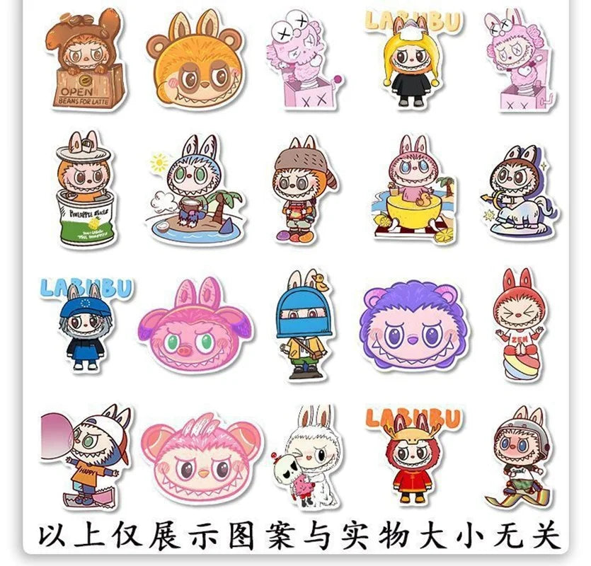 80Pcs 2024 New Labubu Monster Cartoon Waterproof Stickers Pack Cute Water Bottle Laptop Skateboard Scrapbook Anime Accessories