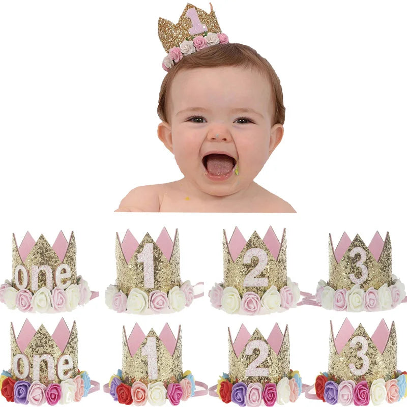 Baby Birthday Decoration Girl 1 2 3 Years Crown Hat Pink White Flower Sequins Crown 1st birthday Photo Prop Happy Birthday Gifts