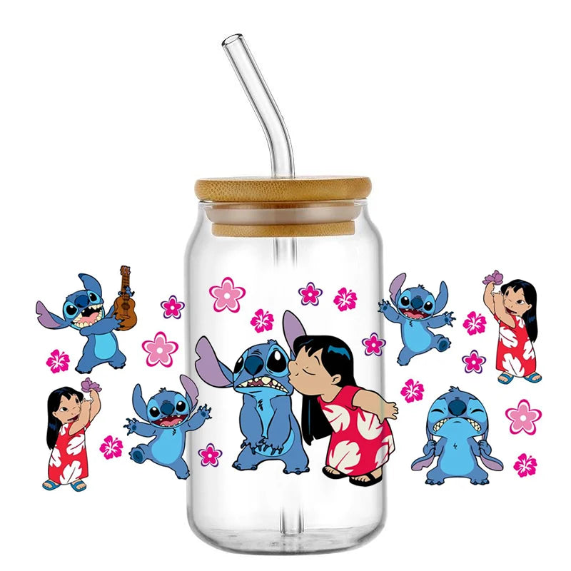Miniso Stitch 16oz UV DTF Cup Wrap Cartoon Transfers Libbey Wrap Tumbler DIY Logo Sticker Glass Can Selfadhesive Waterproof