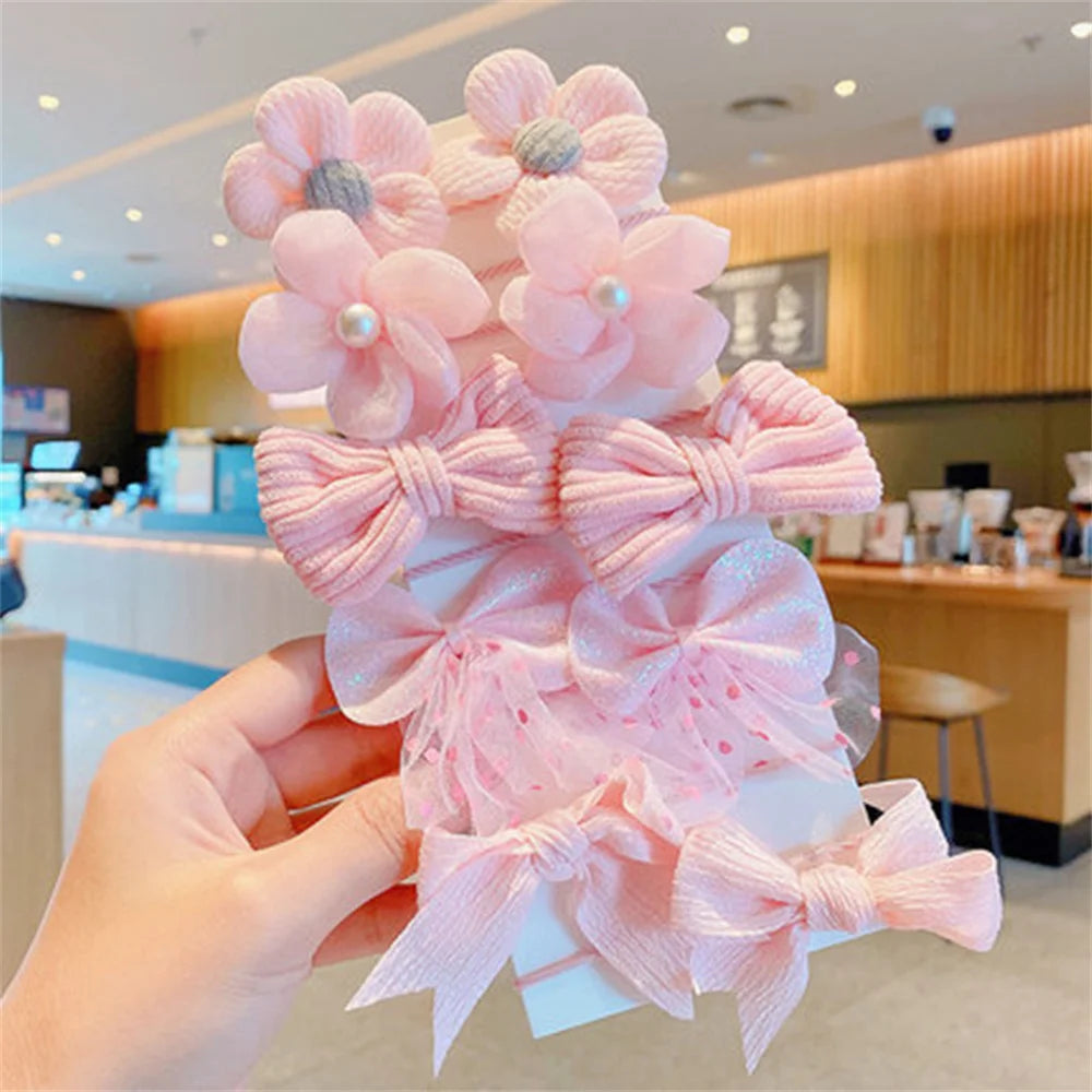 10pcs Cute Flower Hair Ties Set Kids High Elastic Mixed Cloth Plaid Bow Charms Hair Loop For Toddler Girls Princess Headwear