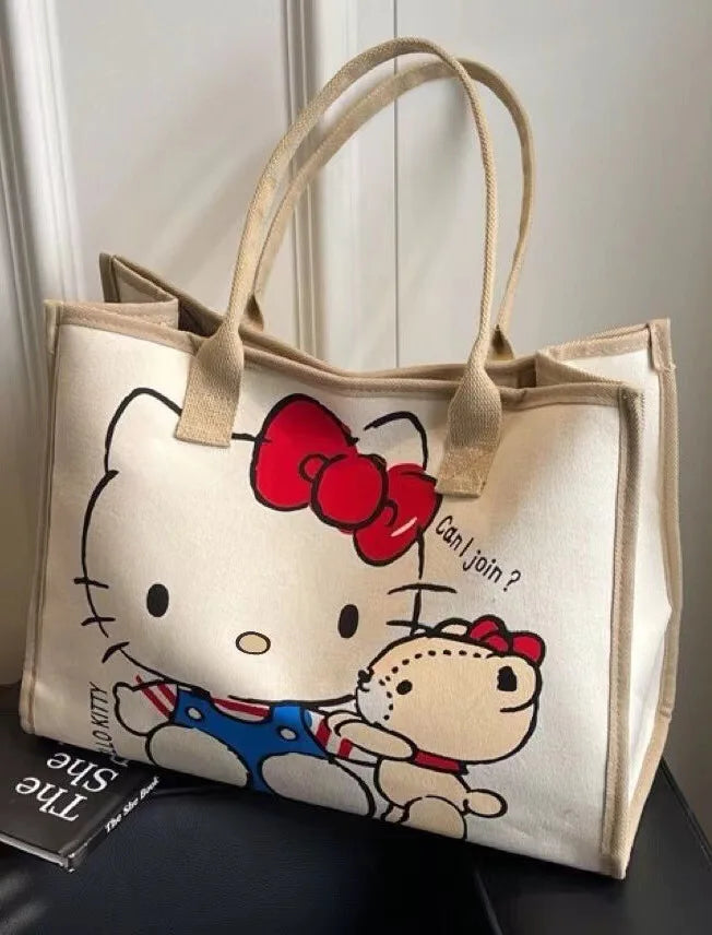 Hello Kitty Canvas Bag Sanrio Tote Bag Shoulder Storage Makeup Pouch Anime Handbag Travel Shopping Bag Kid Schoolbag Girl Gift