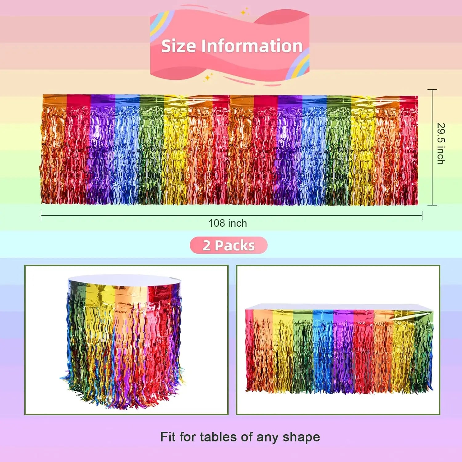 Wavy Metallic Tinsel Foil Fringe Rainbow Table Skirts Table Decors for Birthday Wedding Bridal Shower Unicorn Pride Party Decor