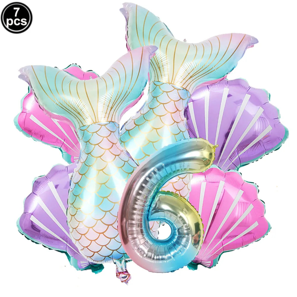 Mermaid Birthday Decorations 7 Pcs Mermaid Foil Balloon Mermaid Tail Balloon Mermaid Decor for 1st-9th Birthday Party Baby Showe