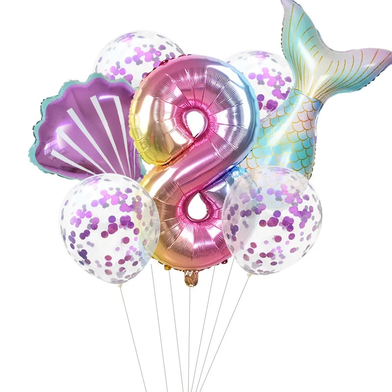 7pcs Little Mermaid Party Balloons 32inch Number Foil Balloon Kids Birthday Party Decoration Supplies Baby Shower Decor Globos