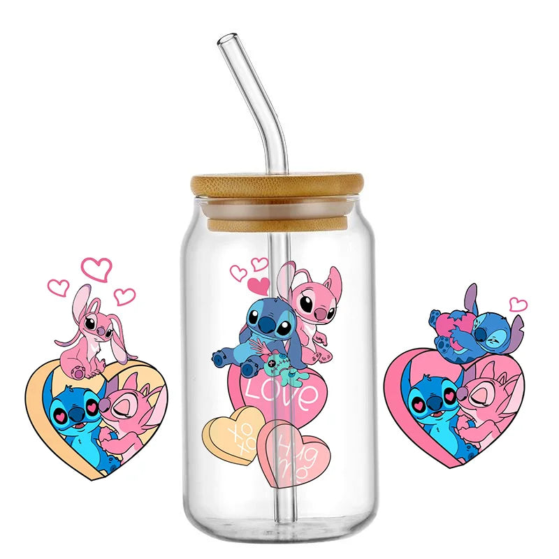 UV DTF Cup Mug Wraps Miniso Lovely Cartoon stitch 3D Transfer Sticker for 16oz Libbey Glasses  Cup Waterproof  DIY Sticker