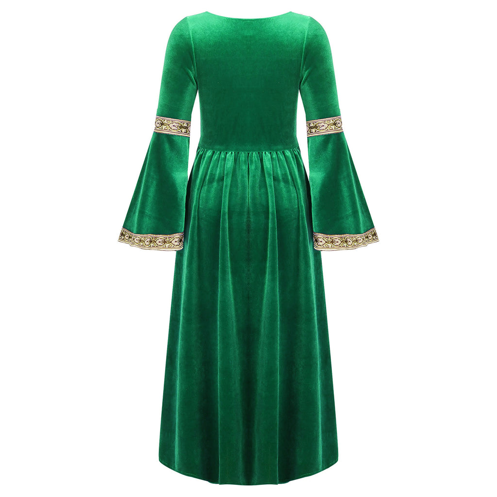 Kids Girls Medieval Renaissance Princess Costume Velvet Long Flare Sleeve Vintage Dress Gown Carnival Party Cosplay Dress Up