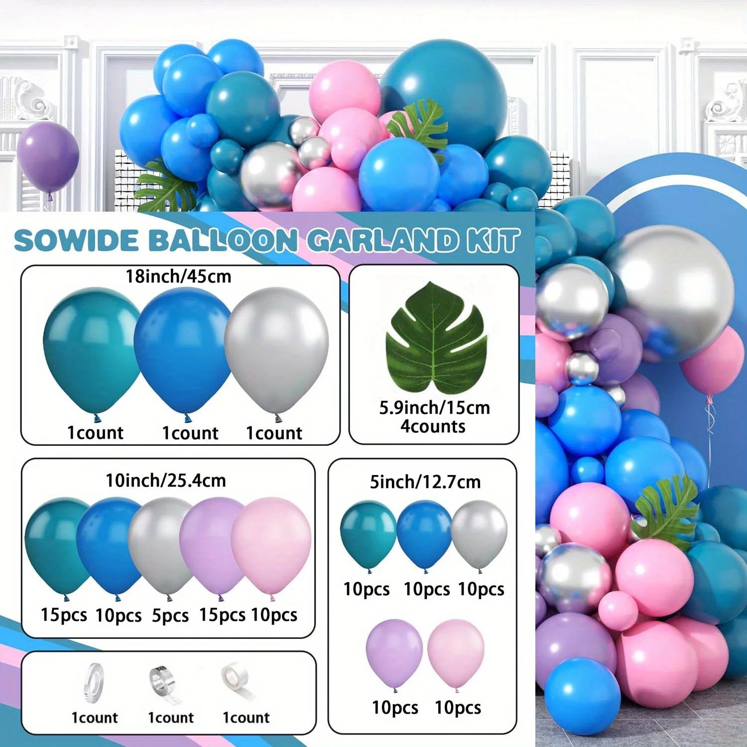 115pcs Purple Pink Blue Metallic Silver Balloon Arch Garland Kit for Birthday Decorations, Party Indoor and Outdoor Decorations