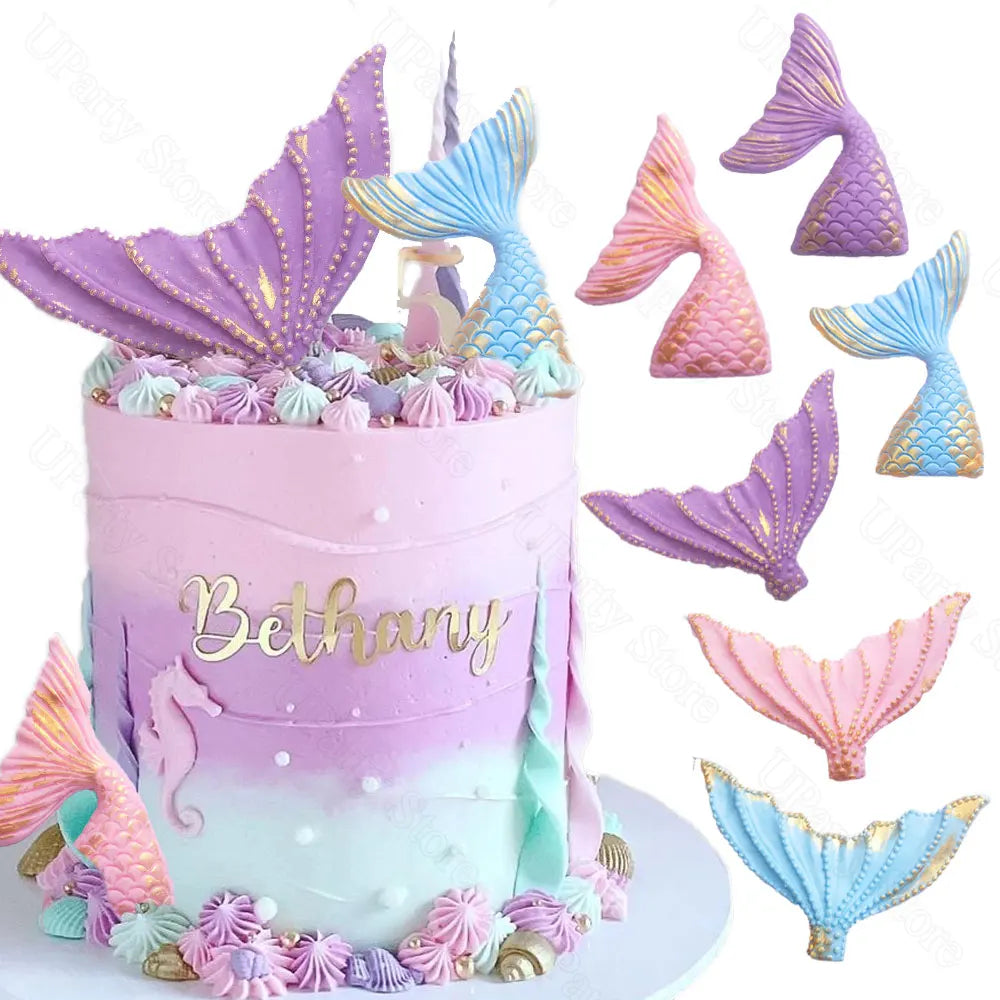 Mermail Cake Decoration Glitter Blue Pink Purple Soft Ceramic Mermail Tail Cake Toppers for Girls Birthday Baby Shower Party Dec