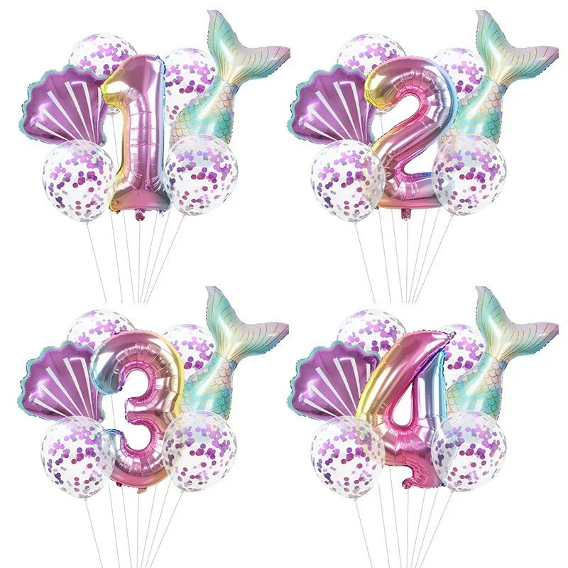 7 Pcs Little Mermaid Shell Balloons 32inch Number Foil Balloon Kids Birthday Party Decoration Supplies Baby Shower Decor Globos