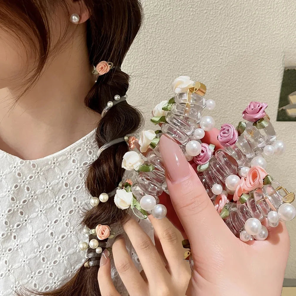 Rose Bead Telephone Line Headband Charming Tied Ponytail Braid Hair Rope Headband High Elasticity Rubber Band Pearl Headwears