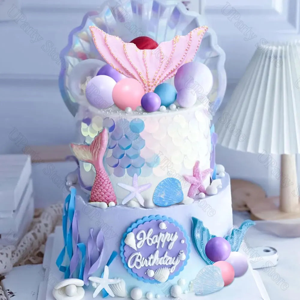 26Pcs Mermaid Birthday Cake Decoration Pink Purple Cake Balls Seashell Memail Tail Cake Toppers for Birthday Baby Shower Favor