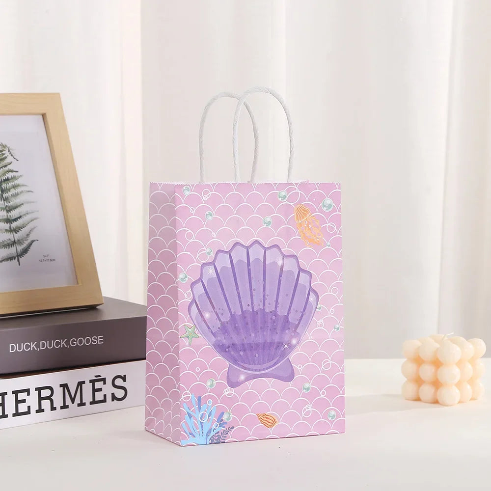 6Pcs Cartoon Ocean Theme Paper Gift Packing Bags Mermaid Shell Candy Cookie Bag for Girl Birthday Baby Shower Party Decoration