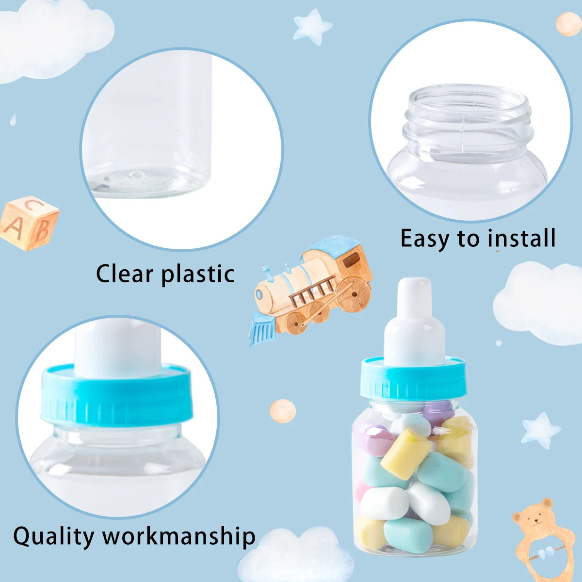12Pcs Baby Bottle Blue Pink White Plastic Candy Bottle Baby Shower Gift Box Decorations Boys Girls Gender Reveal Party Favors