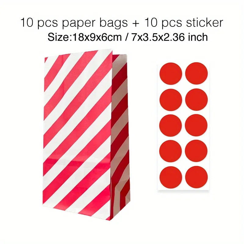 10 pcs Colorful Solid Stripe and Polka Dot Stand-Up Bags with Stickers - 18x9x6cm Favor Gift Packing Treat Bags for Wedding