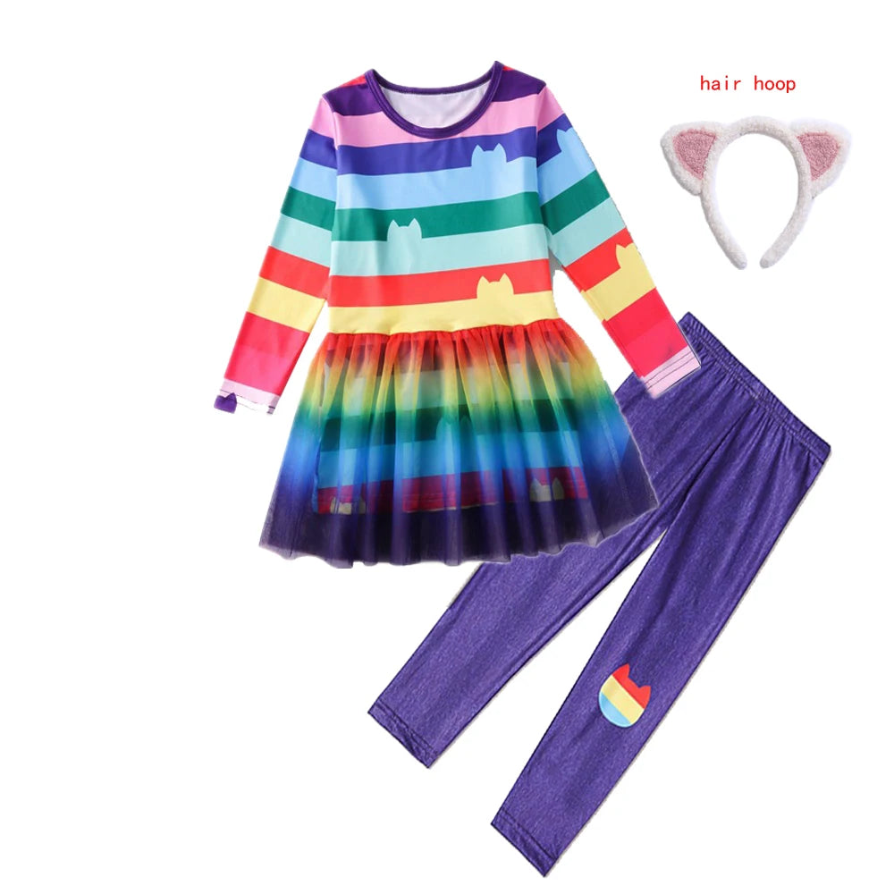 Gabby Cats Baby Girls Summer Gabby's Dollhouse Dress Rainbow stripe Kids Cosplay Princess Toddler Birthday Party Dresses+wig
