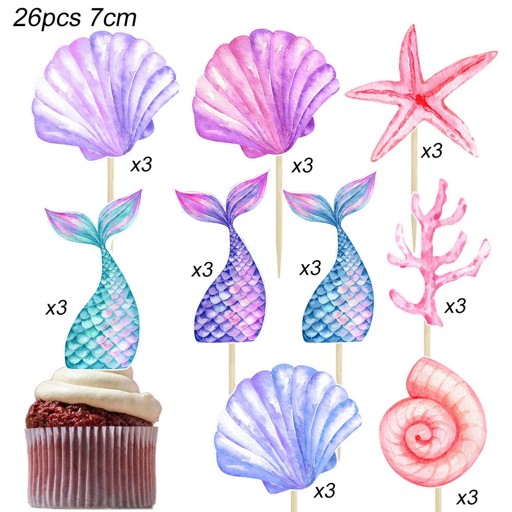 26Pcs Mermaid Birthday Cake Decoration Pink Purple Cake Balls Seashell Memail Tail Cake Toppers for Birthday Baby Shower Favor