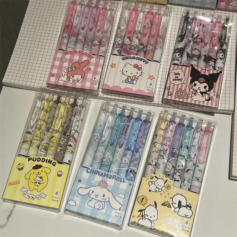 Sanrio 6pcs Series Gel Pen 0.55mm Refill Hello Kitty Y2k Cinnamoroll Kuromi MelodyCartoon Press Pen Black Stationery Supplies