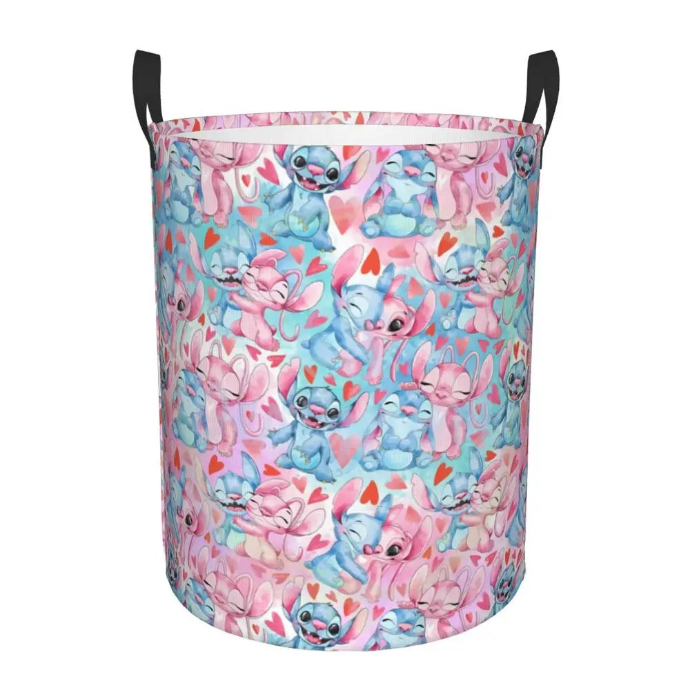 Custom Stitch Kiss Angel Love Heart Anime Laundry Hamper Large Clothes Storage Basket Toy Bin Organizer for Boy Girl