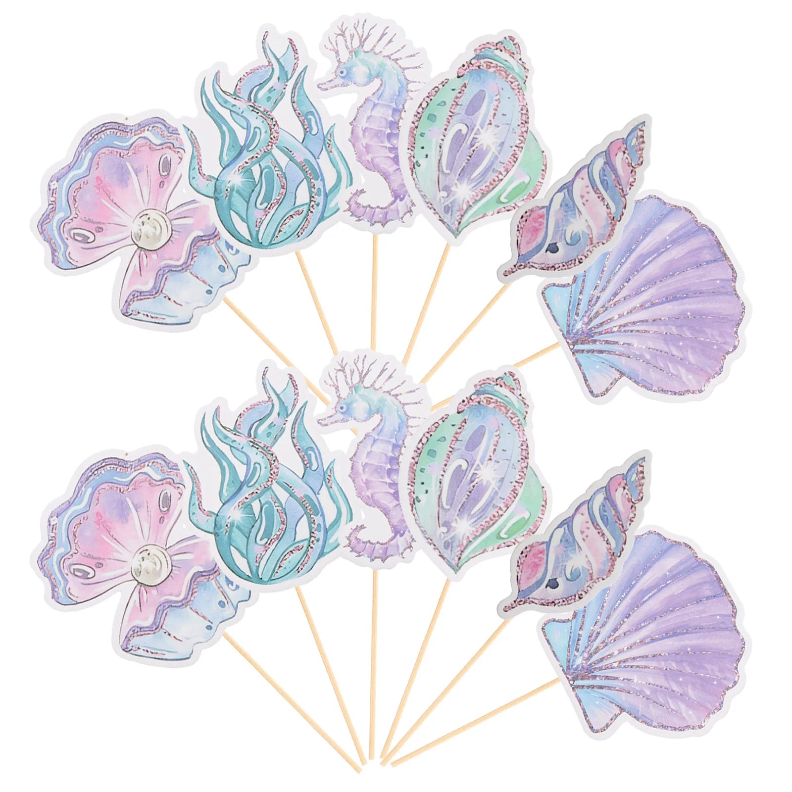 12Pcs Glitter Mermaid Cake Insert ornament Seahorse Star fish Cake Topper Cupcake Dessert Topper Baby Shower Birthday
