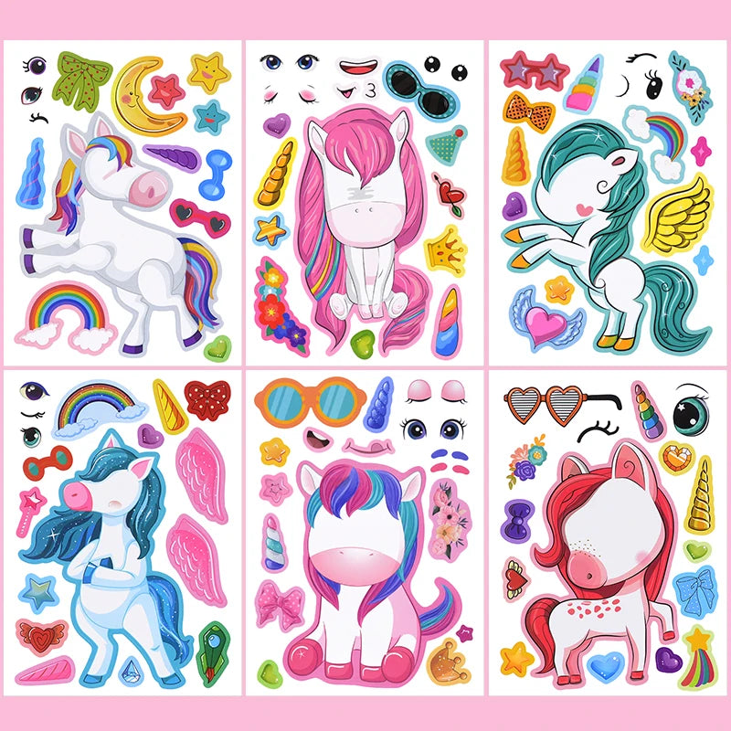 6/12Sheets Cartoon Unicorn Make A Face Assemble DIY Sticker Girls Unicorn Birthday Party Decoration Supplies Gifts for guests