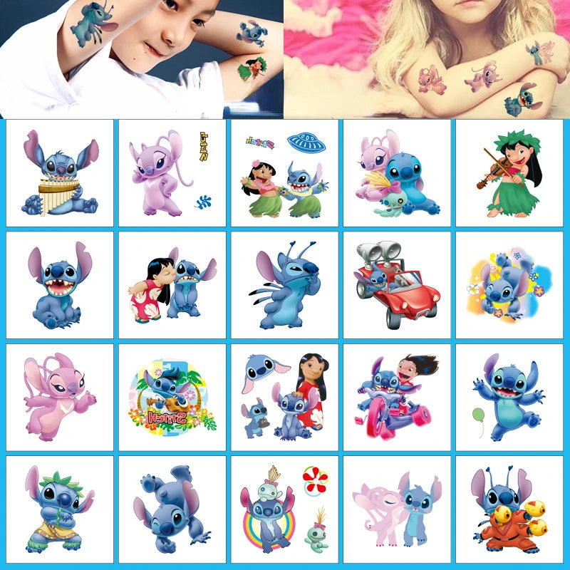 20Pcs Cartoon Lilo Stitch Tattoo Sticker Children's Reward Sticker Pack Cute Pikachu Laptop Skin Stickers
