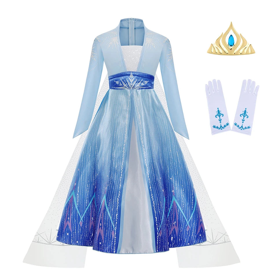 Elsa Costume for Girl Birthday Party Blue Long Sleeve Carnival Clothing Kids Princess Dress for Girls