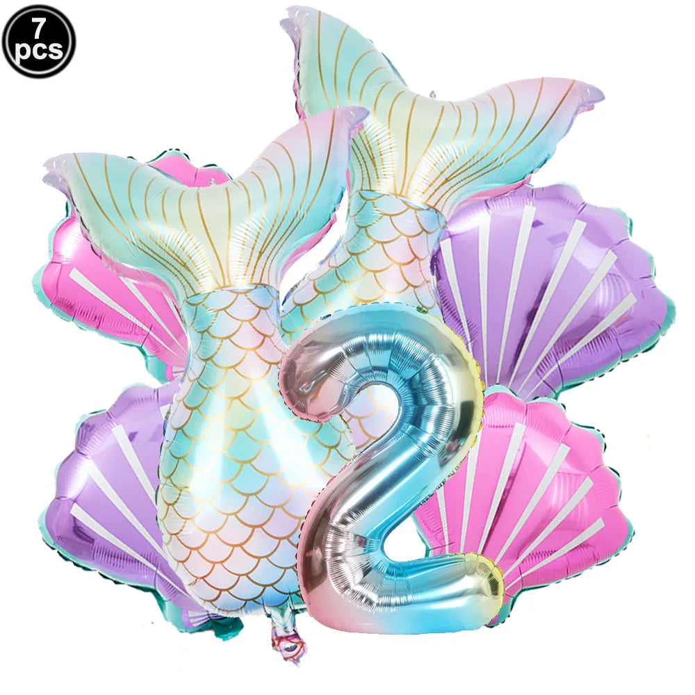 Mermaid Birthday Decorations 7 Pcs Mermaid Foil Balloon Mermaid Tail Balloon Mermaid Decor for 1st-9th Birthday Party Baby Showe